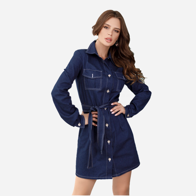 

New Denim Pockets Single Button Casual Mini Long Sleeve Turn Down Collar a Line 2021 Spring Women Elegant U584, Blue
