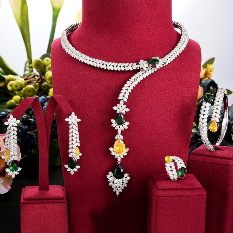 

Earrings & Necklace Luxury 4PCS Bloom Flowers Bangle Ring Jewelry Set For Women Bridal Wedding Party Bisuteria Mujer, As pic