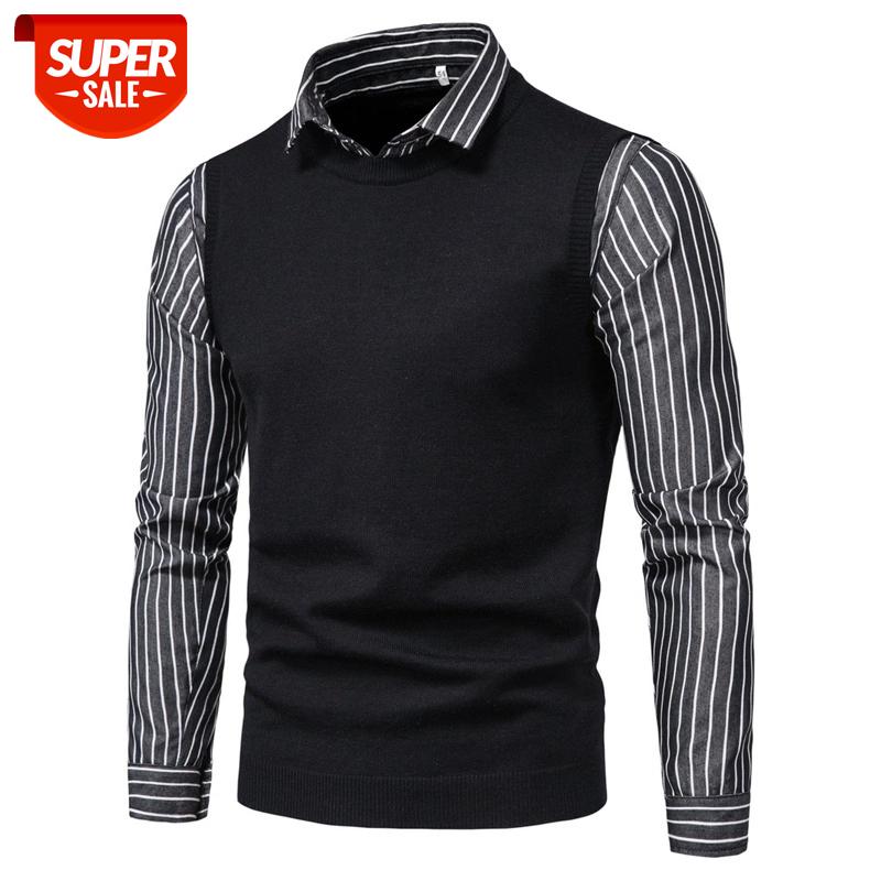 

2020 New Fake Two Mens Sweater Casual Stripe Spliced Lapel Pullovers Sweater Men Autumn Simple Slim Men's Size -XXL #Pk8G, White;black