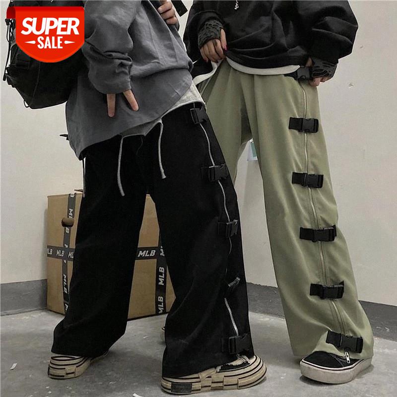 

Cargo Pants Middle High Waist wide leg pants Korea trendy high street tactical function buckle zipper tooling casual Trousers #Qh3l, Black;white