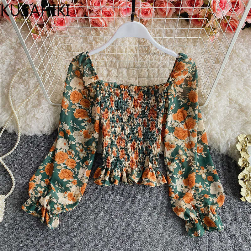 

Square Collar Floral Chiffon Shirt Women Spring Blouse Puff Long Sleeve Stretch Slim Waist Short Ruffle Tops 6E347 210603, Light green
