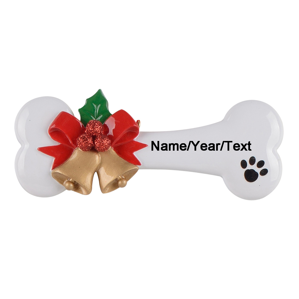 

Personalized Dog Bone with Small Paw Prints and Holly Bush Bell Detail Hanging Christmas Tree Pet Ornament with Custom Name