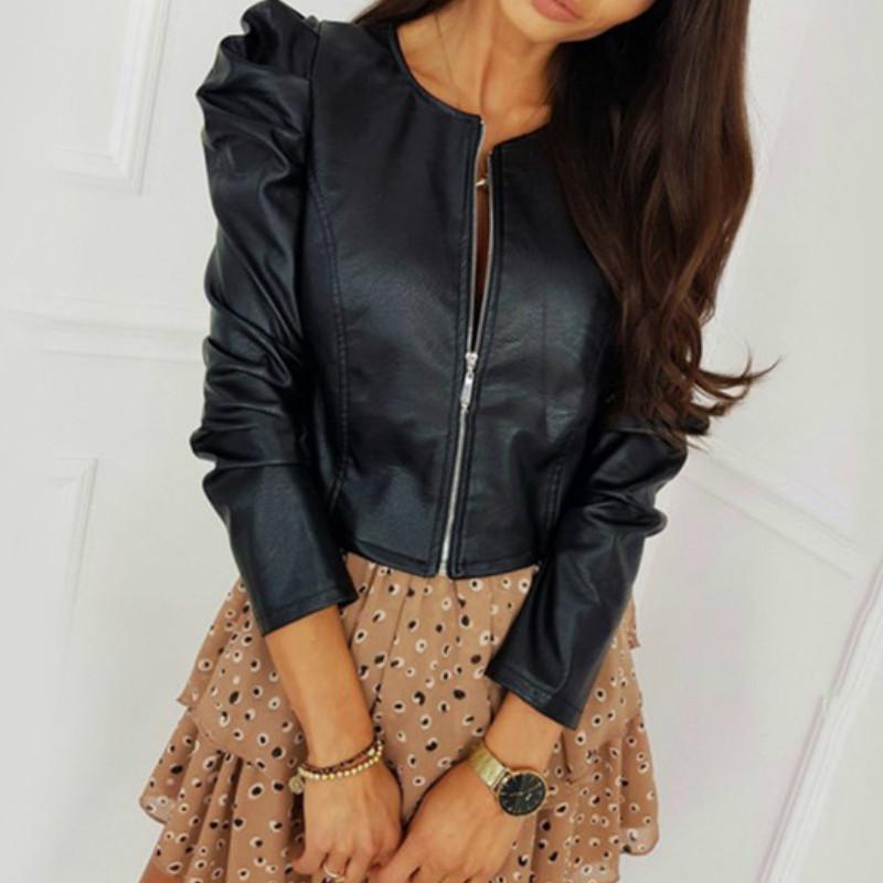 

Women's Jackets Fashion Women Streetwear Clothes Long Sleeve PU Leather Coats Ruched Slim Zipper Outwear Office Lady Elegant, Black;brown