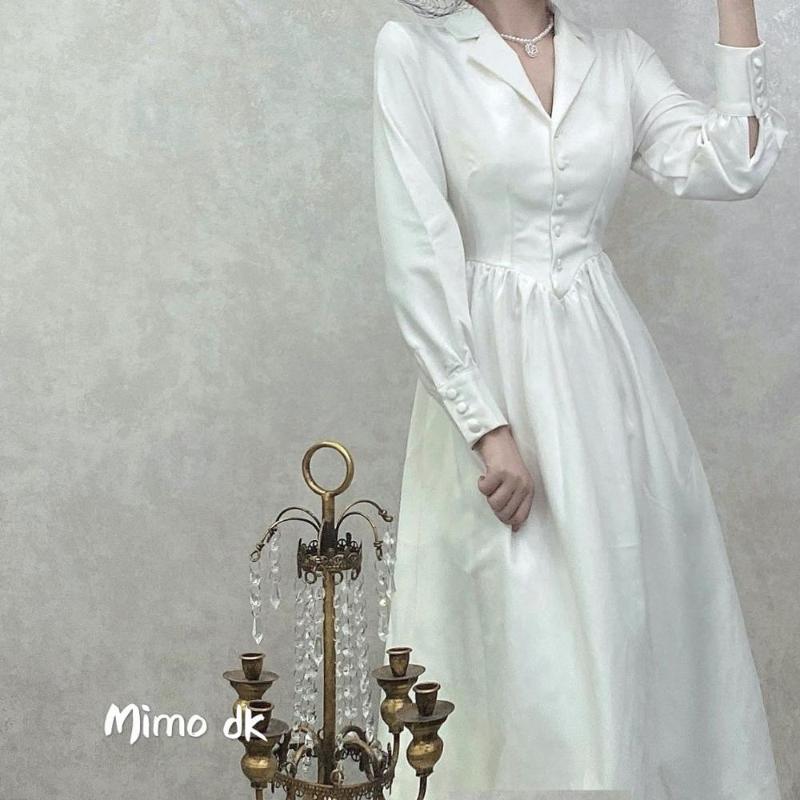 

Casual Dresses French Vintage Elegant Audrey Hepburn White Dress Fashion Long Sleeve Temperament Women Retro Party Vestidos
