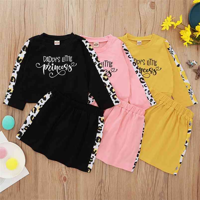 

Summer Children Sets Casual Long Sleeve Letter T-shirt Patchwork Leopard Skirt Cute 2Pcs Girls Boys Clothes 0-3T 210629, Yellow