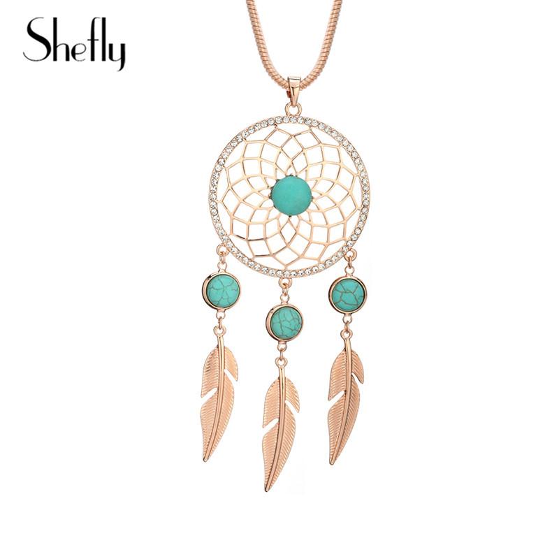 

Pendant Necklaces Dreamcatcher Feather With Stone Pendants Necklace Long Chain Gold Crystal Vintage Jewelry For Women Party Gifts