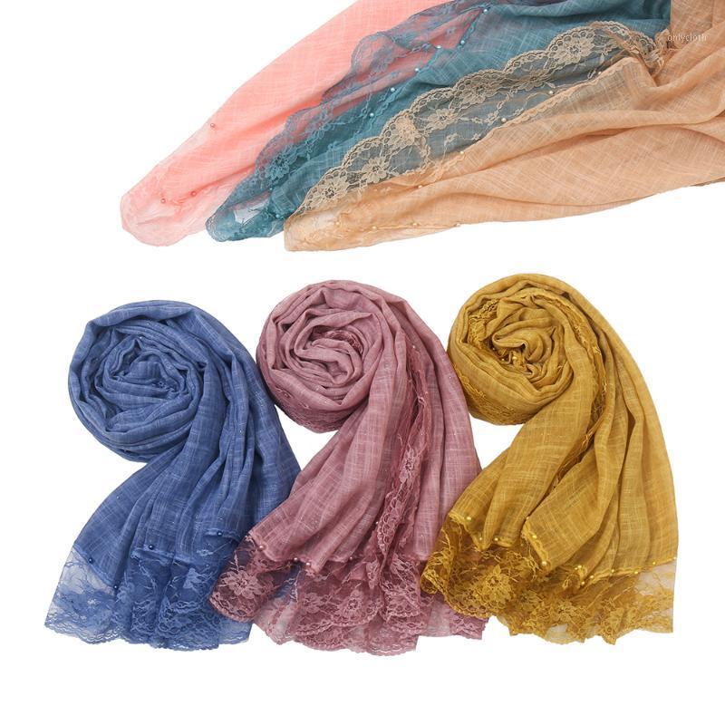 

Scarves Fashion Lace Cotton Scarf Plain Hijab Beading Glitter Shawl Women Pearl Headband Female Wraps Head Bandana Muslim Turban