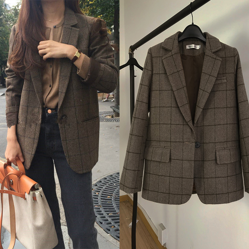 

Female Wool Small Spring Jacket and Chic Autumn Plaid Short Paragraph Thickening Suit 01gh