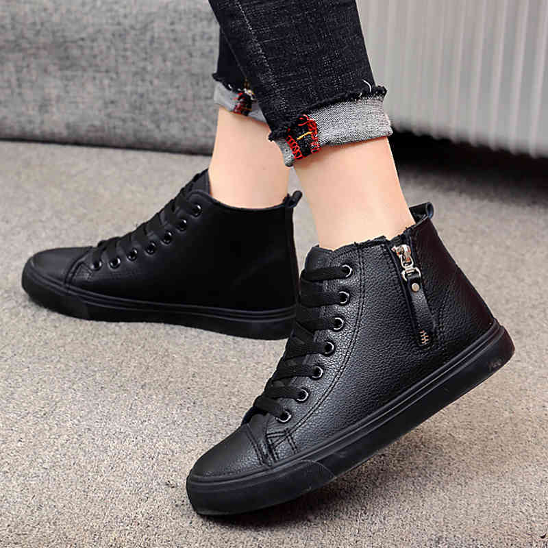 

Dress Shoes Unisex PU Leather Boots Women Zipper Luxury Brand Ankle Girls Student School Autumn Stiefeletten Damen Leder Q5LM, Black