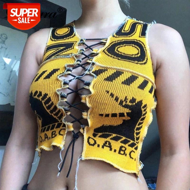 

Dulzura ribbed letter print lace up hollow out women crop top cross tanks bandage patchwork streetwear 2020 autumn winter club #Rs6s, White