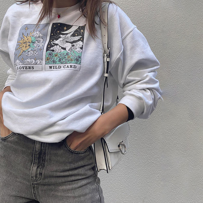 

2021 New White Sun Face Pattern Letter Printed Sweatshirt Women Thin Tops Winter Basic Loose Casual Girls Streetwear Fashion Brand Korean 96