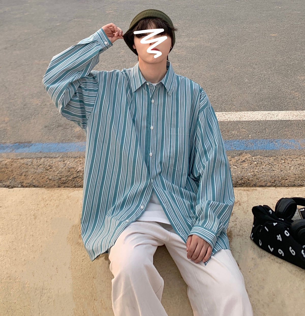 

New 2021 Male Streetwear Floral Cargo Shirt Fashion 4-color French Manga Cotton Long Sleeves Shirts Losn, Brown stripe.