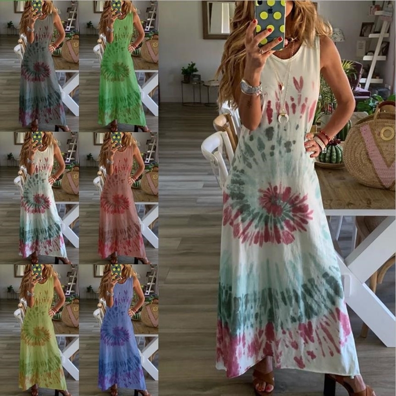 

2021 New Summer Sexy Sleeveless Party Women Vintage Boho Printed Long Sun Casual Retro O-neck Loose Es Vestidos Femme Vno0, Blue