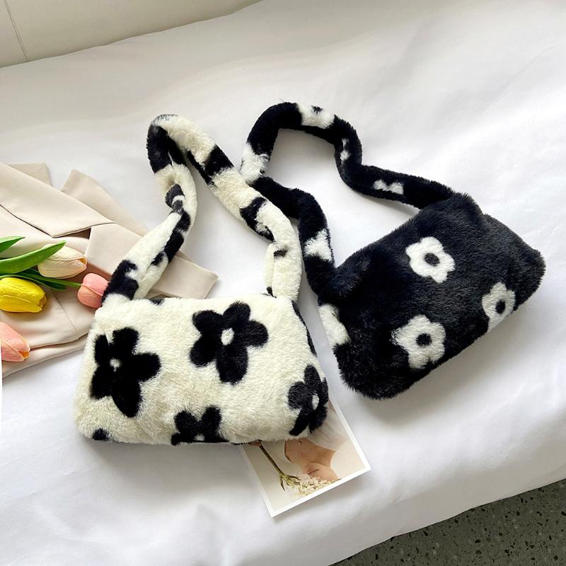 

Evening Bags Fashion Exquisite Shopper Bag Women Plush Flower Print Totes Shoulder Underarm Female Quality Casual Small Handbags