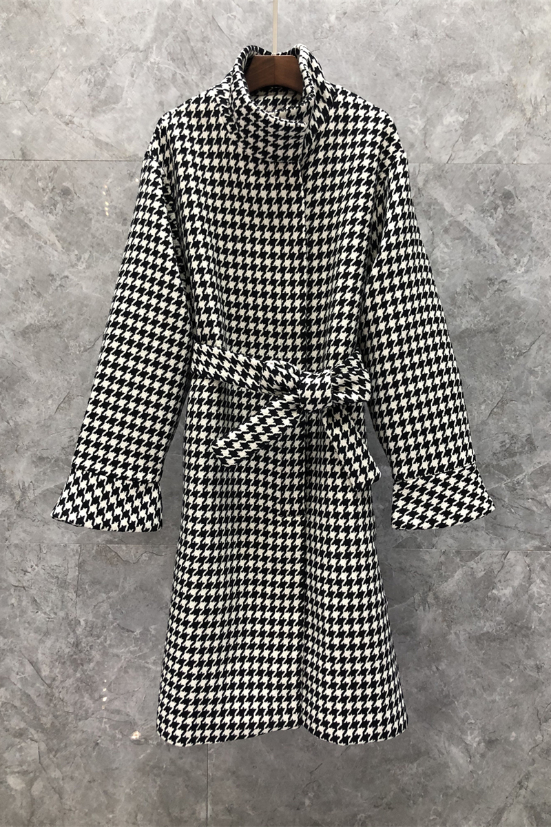 

High Collar Temperament Houndstooth Waist Dress Womens Autumn European Goods New Niche Midi Dress 9o, Black plaid with belt