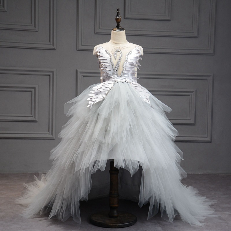 Little Girls Pageant Gowns Swan Crystal Tulle Trailing Flower Girl Dresses Ball Gown Kids Birthday Party High-end Feather Princess Dresses 2021-image-711259346