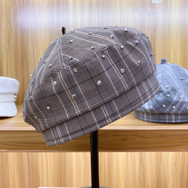 

2021 New Classical Plaid Beret Women Black Khaki Tartan Check Beaines Hats Rhinestones Ladies Winter Cap Adjustable French Hat 1o2o