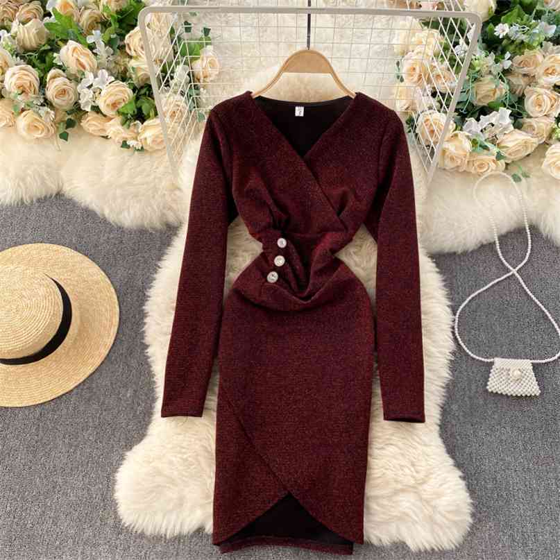 

Elegant Women Korean OL Work Dress Winter Fashion Classic Female Office Short V-neck Long Sleeve Robe Femme 210603, Black