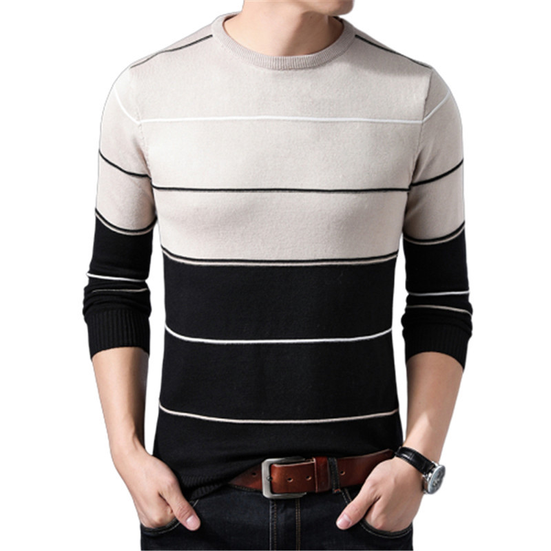 

2021 New Men Autumn Mens Striped Sweaters Man Slim Knittwear Pullover Casual Raiow Sweater Plus Size O-neck 2htt, Light camel