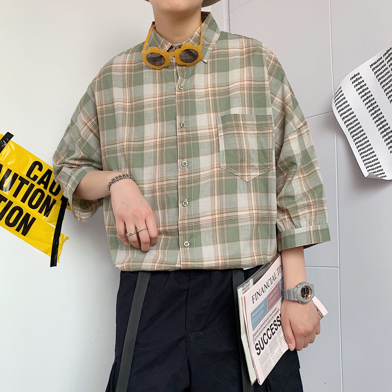 

2021 New Summer Cotton Plaid Men's Fashion Retro Casual Shirt Men Streetwear Korean Loose Short Sleeve Shirts Mens M-2xl Cq69, Green