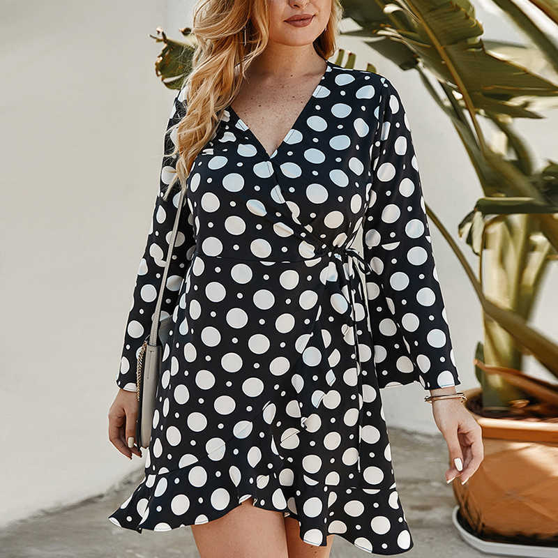 

XL- Big Size Polka Dot Women Dress Sexy V-Neck Long Sleeve Ruffle Spring Autumn Lady Dresses With Sashed W197 210526, Dark blue