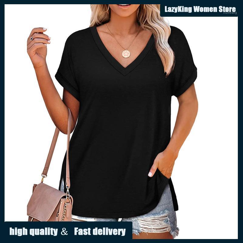 

Women' T-Shirt Harajuku Style Summer Fashion Casual V-neck Solid Color Loose Short-sleeved Basic Simple Top Elegant Office Girl, Black