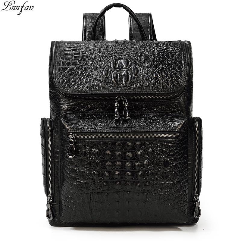 

School Bags Crocodile Genuine Leather Backpack For Man Unisex Big Capacity 14" Laptop Rucksack Women Bag Men Travel Backapack, Black