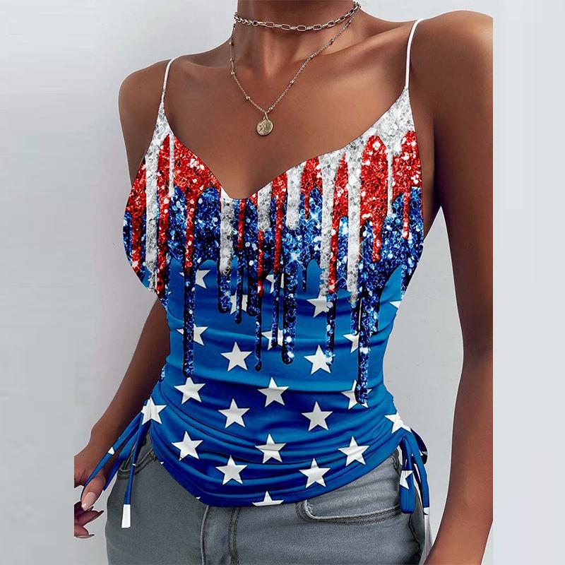 

Women's Blouses & Shirts 2021 Summer Casual Knit Sexy Ladies Sleeveless Tank Tops Elegant Figure Print Thick Strap Blouse Women Pullover Blu, White