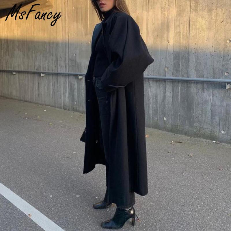 

Women's Wool & Blends Msfancy Black Coat Women Vintage Overlong Manteau Femme 2021 Korean Fashion Ladies Elegant Long Outwear