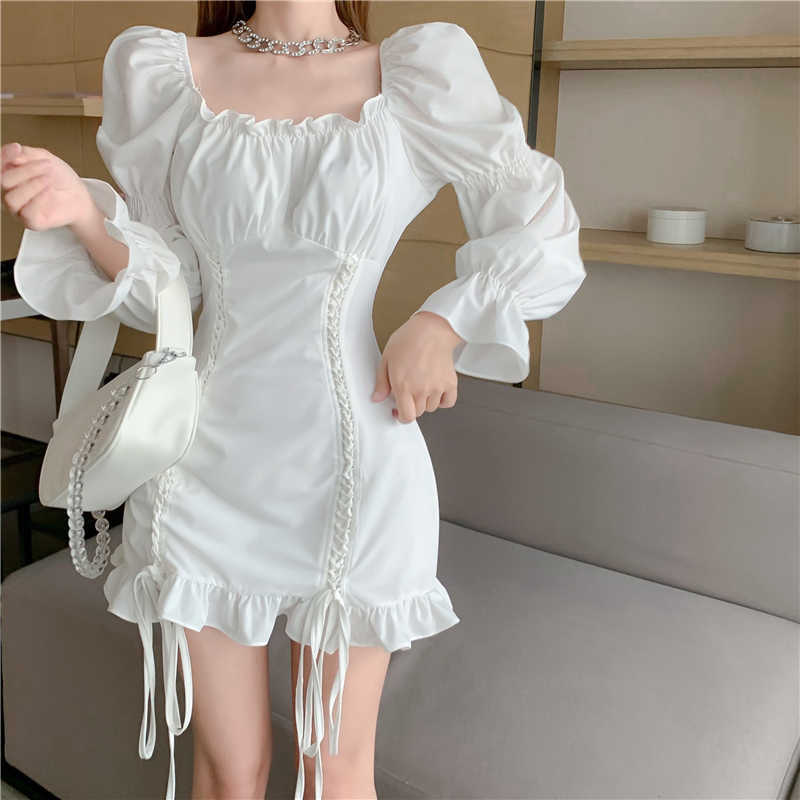 

Summer Retro Stitching Wood Ears Lace Cross Lacing Up Puff Sleeve Club Dress for Woman White Casual Mini Dresses 210526