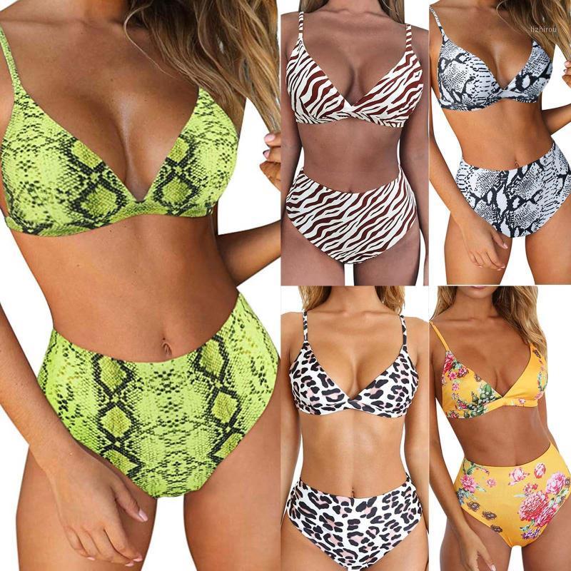 

Women's Swimwear Women Sexy Two Pieces Swimsuits V Neck Push-Up Padded Solid Color Leopard/Serpentine Print Bikini High Waist Beachwear, Black