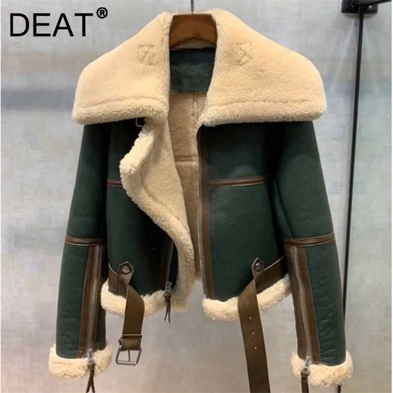 

DEAT Winter Fashion Patchwork Green Spliced Large Lapel Women's Thickened Short Fur Sheep Shearing Coat 7I1713 211018, Normal