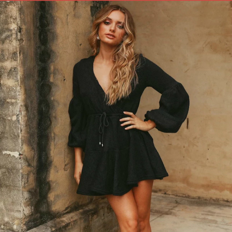 

2021 New Summer Sequins v Neck Women Fashion Long Sleeve Mini Ladies Elegant Tie Blet Waist Es Female Outfit Ptyx, Black