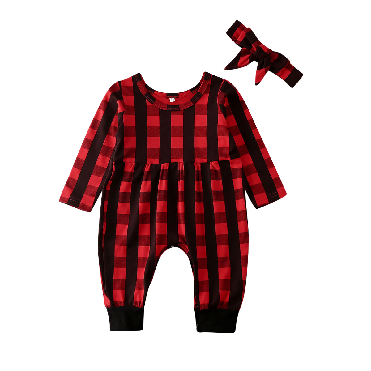 

0-24M Baby Girls Xmas Rompers Newborn Clothes Girl Plaids Romper Kid Christmas Jumpsuit Kids Overall Todder Headband Outfit, Default color