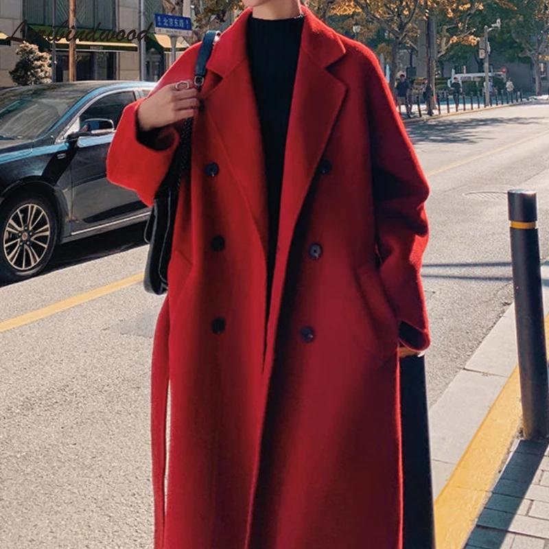 

Women' Trench Coats Red Woolen Coat Mid-length Korean Version Of The 2021 Autumn And Winter Over-the-knee Loose Temperament, Black