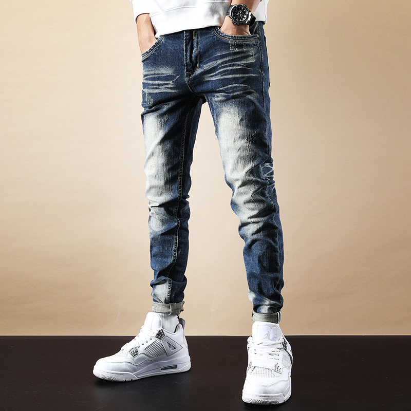 

2021 New Italian Style Fashion Men Jeans Retro Blue Wash Elastic Slim Fit Ripped Denim Trousers Vintage Designer Cotton Pencil Pants 1ud8