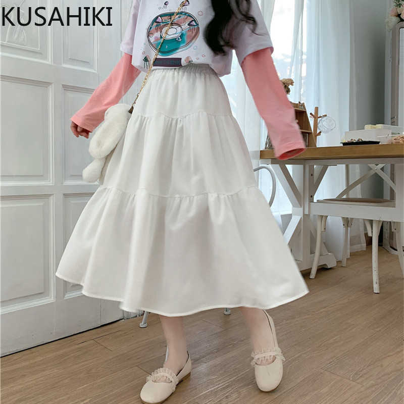 

Korean A-line Midi-calf Women Skirt High Waist Fashion Sweet Skirts Causal Spring Faldas Mujer 6E398 210603, Black