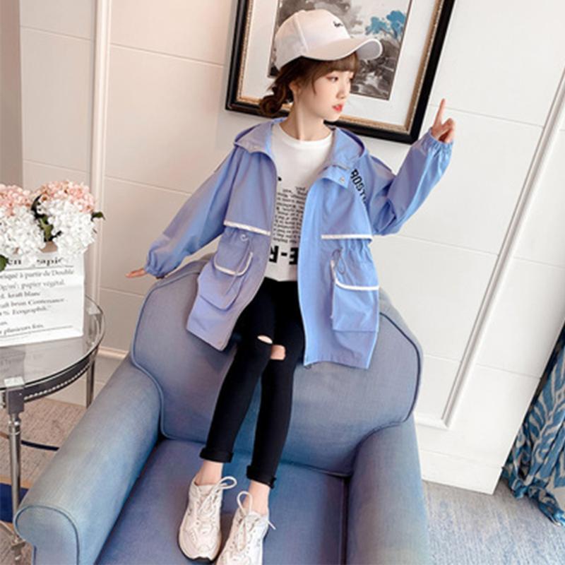 

Coat Children's Outerwear Trench Kids Windbreaker For Girls Autumn And Winter Waist Style Letter Pattern Large Pocket, Blue;gray