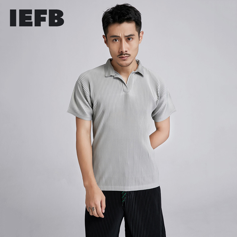

IEFB Summer Fashion Pleated Tops Lapel 2021 New Men's Polo Shirts Loose Short Sleeve Tee Tops Black Grey Clothes For Male 9Y5475 Y3011, White;black