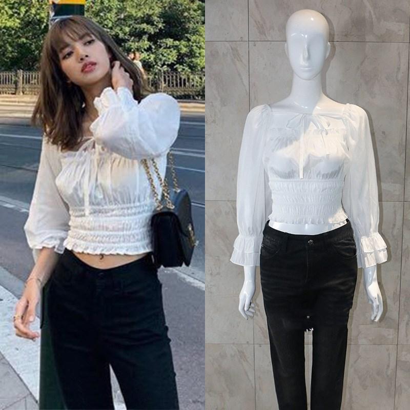 

Women' Blouses & Shirts KPOP Korean Celebrity Same Summer Retro Wild Sweet White Chiffon Blouse Women Streetwear Puff Sleeve Shirt Female T