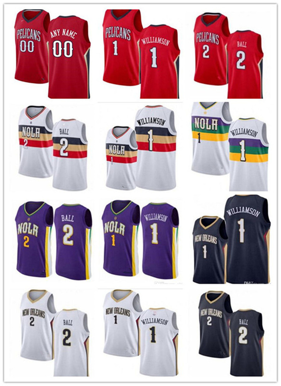 

Orleans 2020 Mens Womens Youth New #Zion 1 Williamson 2 Lonzo Ball custom Basketball Jerseys Pelican White purple red navy, Black;red