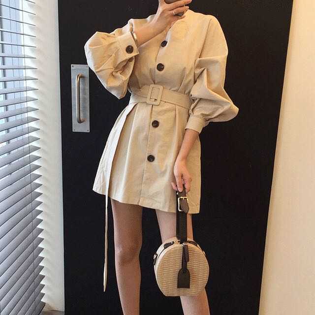 

Big Sale Spring and Summer Fashion Casual Belt Single-breasted Elegant Dress V-neck College Style Female 210615, Beige