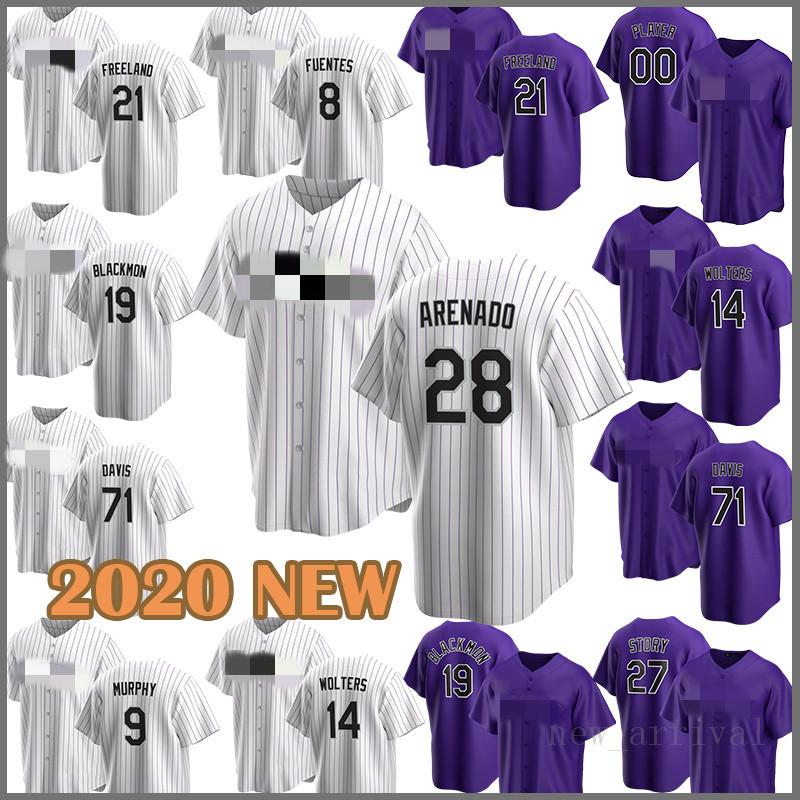 

2020 new Baseball Jersey Rockies 28 Nolan Arenado 19 Charlie Blackmon 27 Trevor Story 21 Kyle Freeland 14 Tony Wolters 24 Ryan McMahon Mens, Blue;black