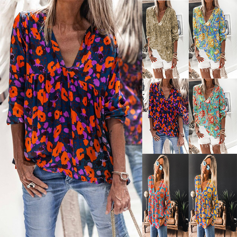 

2021 New Mais Tamanho Inverno Outono Moda Boho Imprimir Casual Solto Com Decote Em v Topo Feminino Manga Longa Camisa Do Vintage Blusa 917k, Khaki