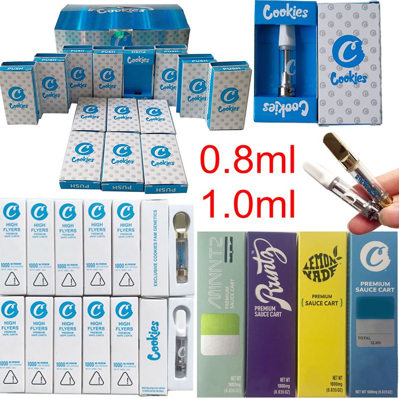 

Cookies Carts Vape Cartridge Packaging 0.8ml 1ml Atomizers Ceramic Coil Empty Dab Pen Wax Vaporizer Ecigarettes 510 Thread Thick Oil Glass Tank Premium SAUCE CART