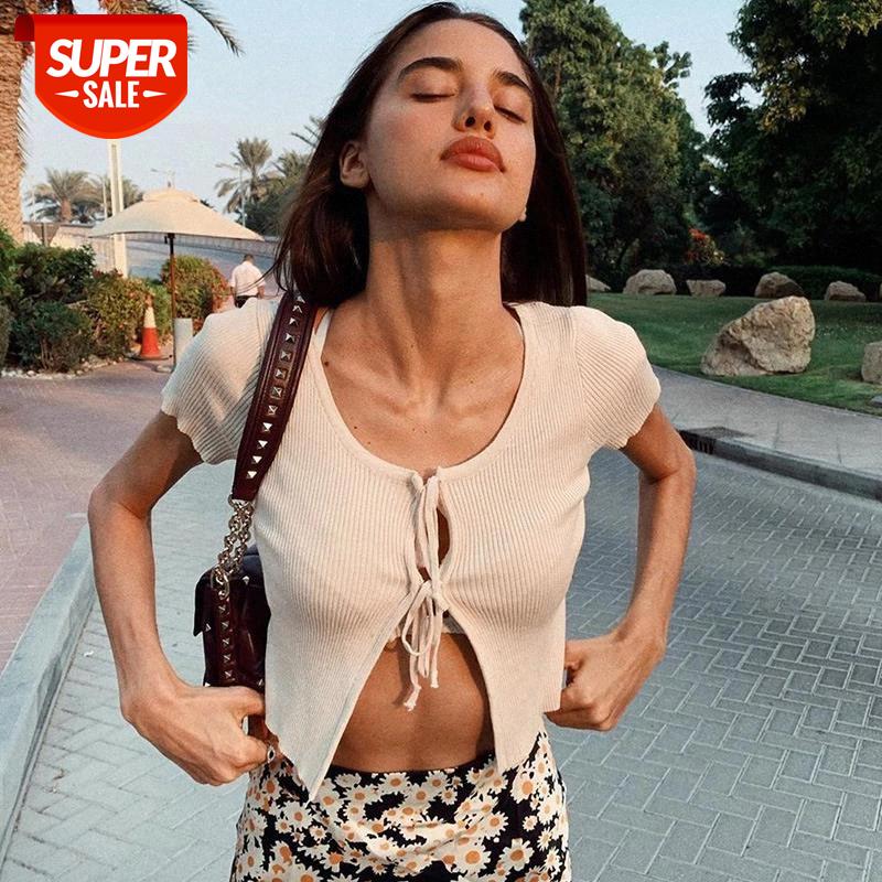 

Sexy Cropped Top Lace up Short Sleeve Hollow out Front Split Hem O-Neck Slim Women Fashion Summer New Sexy Streetwear #Iv17, White