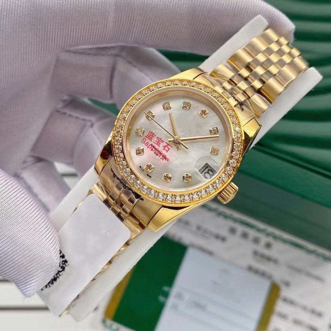 

New High quality fashion ladies diamond watch 31mm date sapphire automatic mechanical watches womens wristwatch bag bracelet christmas gift, Slivery;brown
