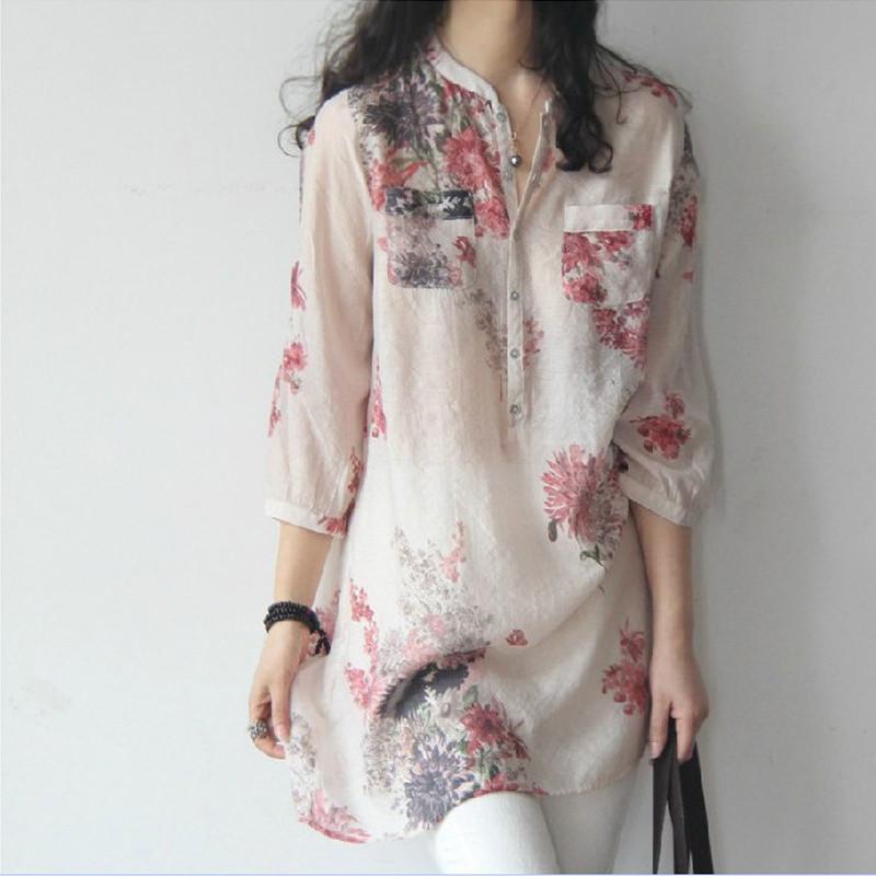 

Women' Blouses & Shirts Spring Autumn Women Midi Long Blouse Floral Print Cotton Linen Female Three Quarter Sleeve Shirt Blusas Tops AB1587, Blue