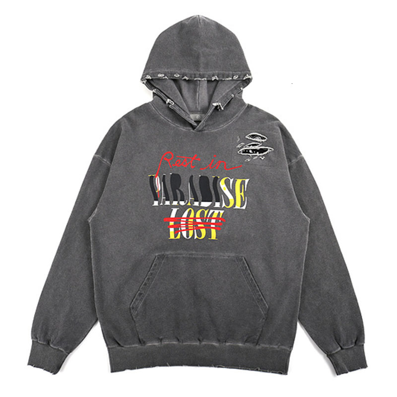 

2021 New Top Quality Ripped Faded Wash Hoodie Women Bandanna Patch Hooded Sweatshirt Hiphop Men Hoodies Bqqg, Dark grey
