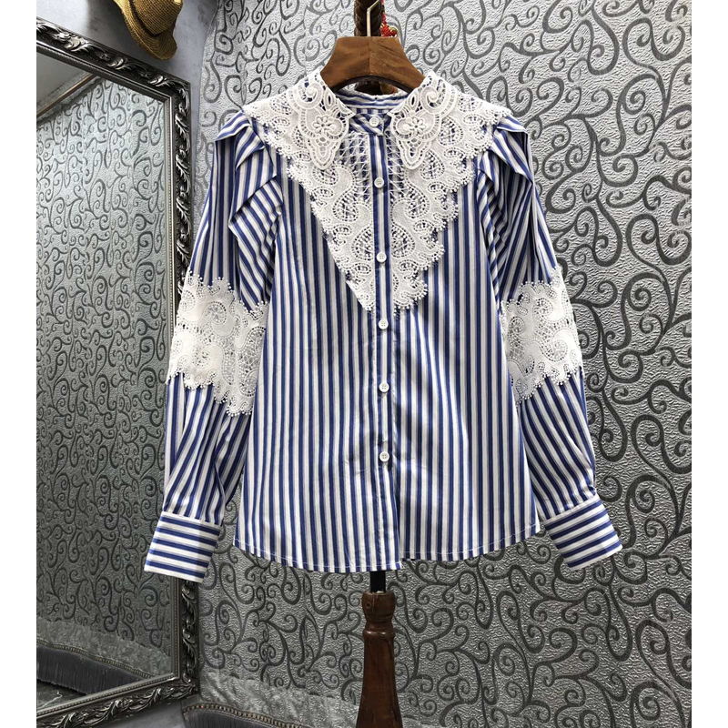 

Water Soluble Lace Patchwork Puff Sleeve Striped Shirt Womens Autumn European and American New Loose Top 9Y, Blue